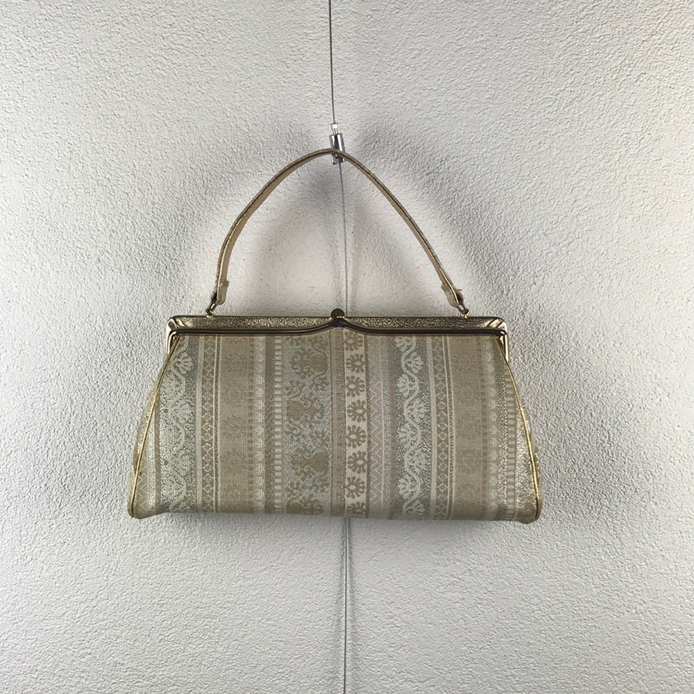 Vintage l 50s Mid-Century Classy Woven Metallic Gold Lamé Fabric Handbag Purse